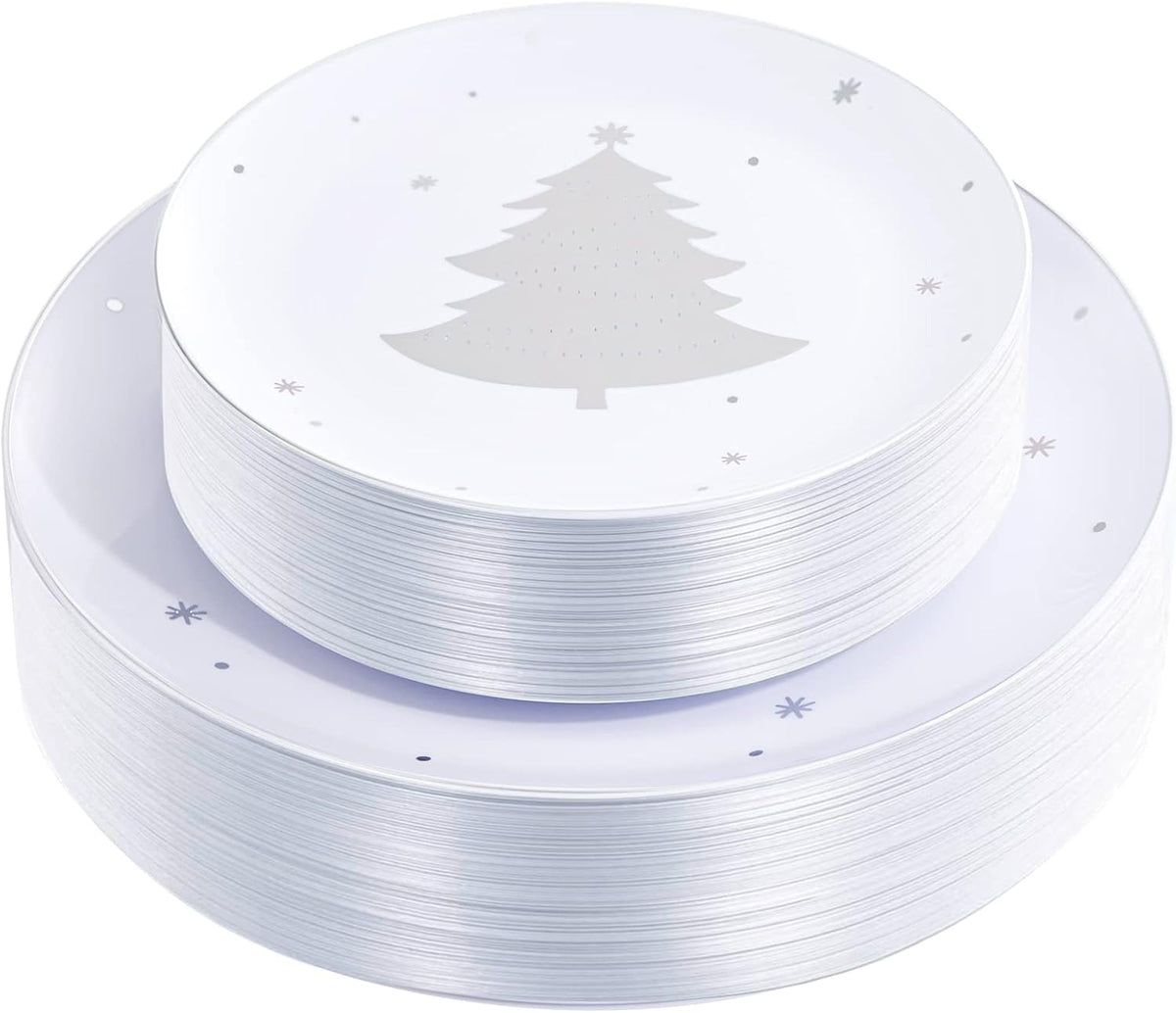 WDF 50 Pieces Silver Plastic Plates - Christmas Plastic Plates with Christmas Tree - Heavy Duty White and Silver Disposable Plates for Christmas