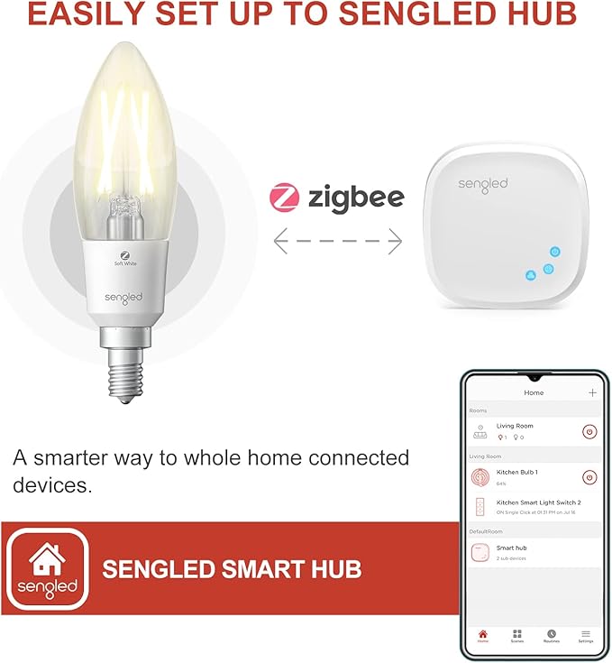 Sengled Zigbee Smart Light Bulbs, Smart Hub Required, Work with SmartThings and Echo with Built-in Hub, Voice Control with Alexa and Google Home, Soft White B11 Candelabra Light Bulbs 40W Eqv. 2 Pack