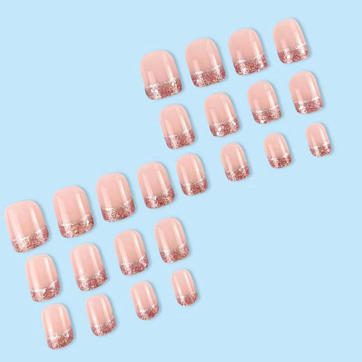 French Tip Press on Nails Short Square Fake Nails with Glitter Designs Nails Press ons Nude Glue on Nails Glossy Acrylic Nails Simple False Nails Cute Stick on Nails for Women 24Pcs