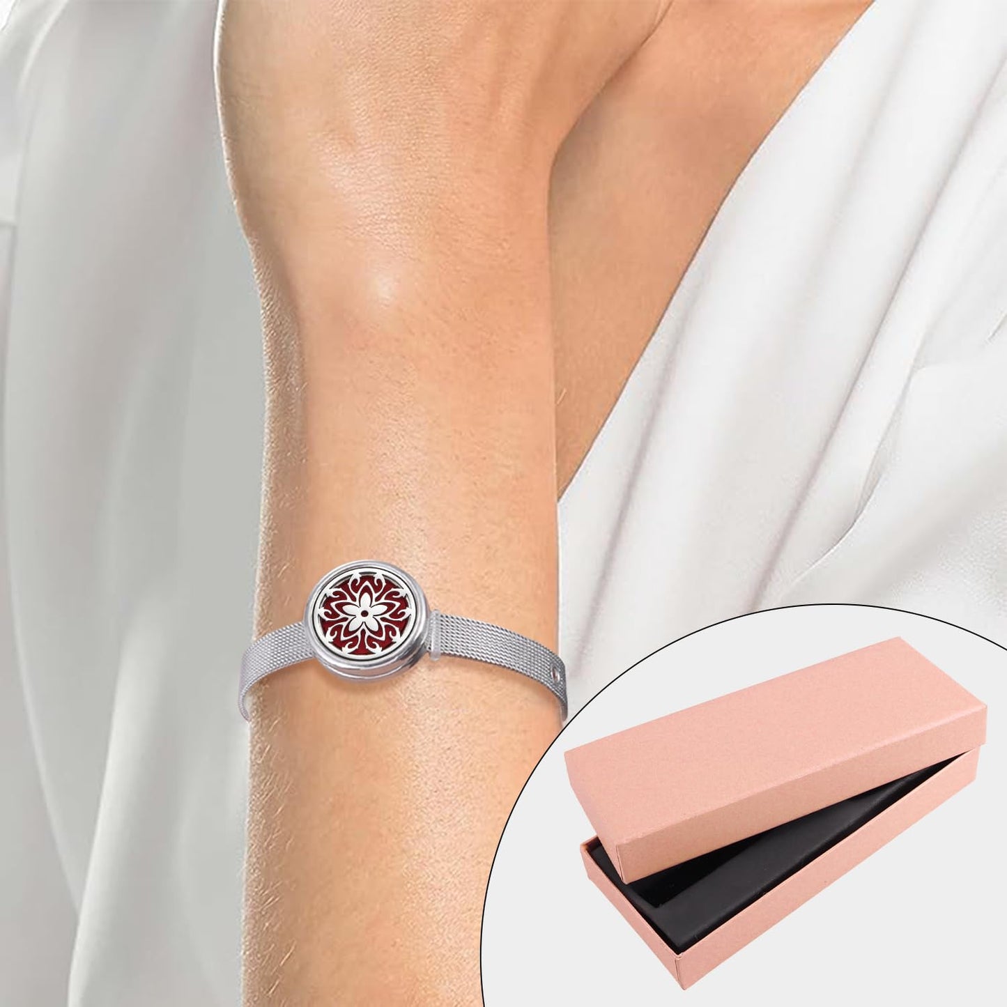 Essential Oil Diffuser Bracelet with Gift Box Aromatherapy Locket Adjustable Stainless Steel Flowers Watch Chain Bracelet with 10 Pcs Refill Pads for Women
