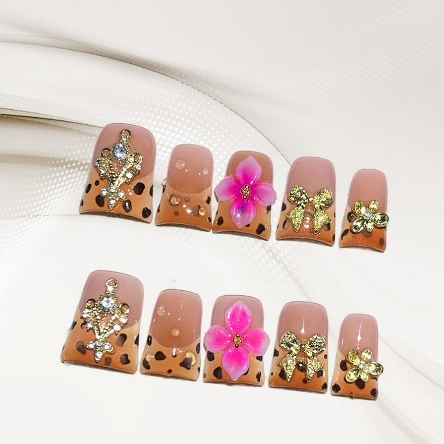 Handmade Press on Nails Short Duck Fake Nails Leopard Print Gradient French Design Luxury Gems False Nails Gold Bow and Flower Handmade Press ons Nail Reusable Nails for Women Decorations (Size M)