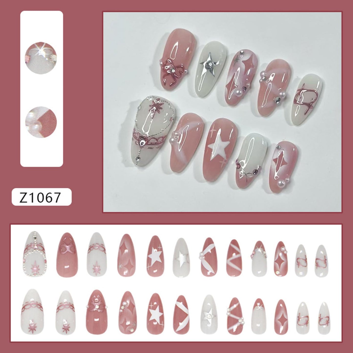 TBRZTR 24Pcs Press on Nails Medium Almond Artificial Acrylic False Nails French 3D Star Bow with Rhinestones Pearl Stick on Nail Full Cover Reusable Coffin Artificial Fingernails for Women Manicure