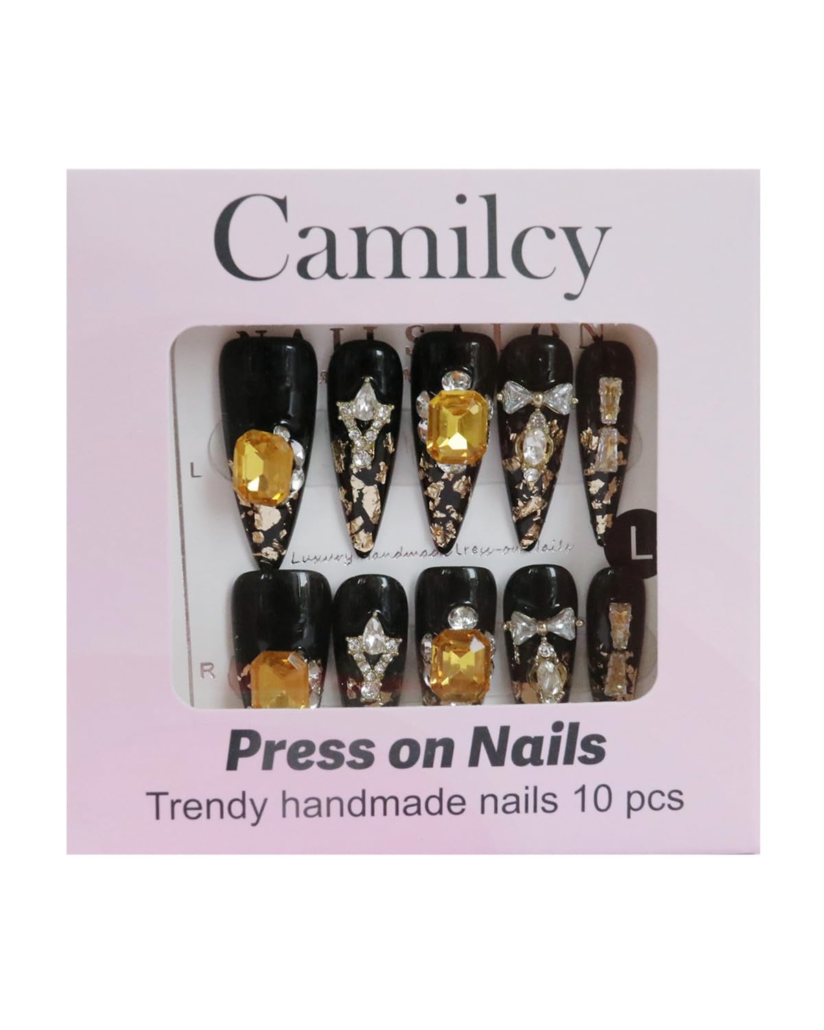 CAMILCY Luxury Handmade Press on Nails Black Gold Stiletto Glossy Reusable Long Fake Nails with Gold Foil Salon Quality Elegant Acrylic Artificial Nails for Women 10pcs(A020, S)