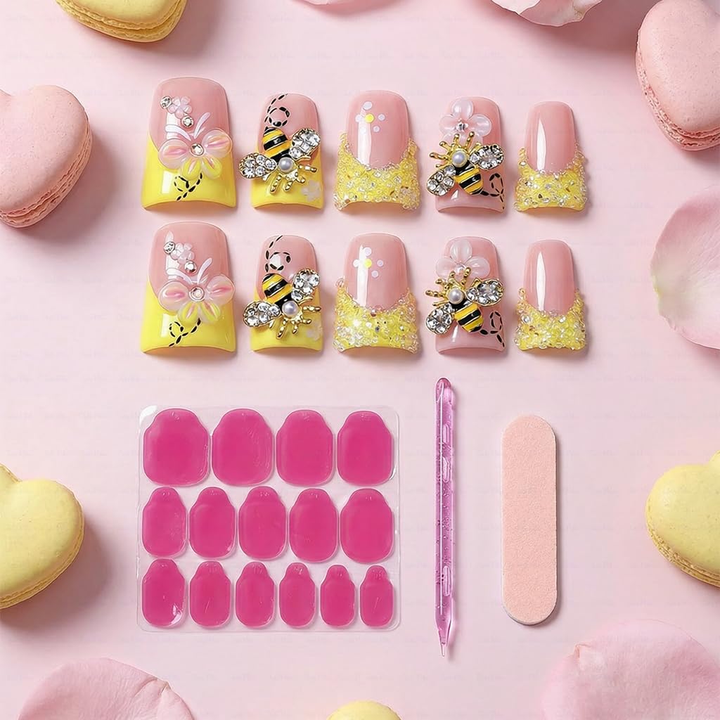 IntoVibes Handmade Short Duck Press On Nails, Precious Bee, 10 Pieces Reusable Acrylic False Nails, Size Large