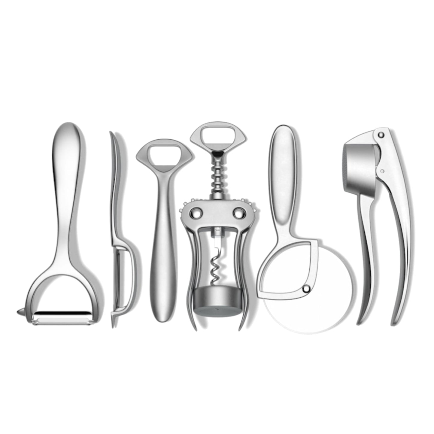 Public Goods Kitchen Tool Set | 6 Piece Kitchen Utensil Set | Includes Y-Peeler, Peeler, Bottle Opener, Wine Opener, Pizza Cutter, and Garlic Press | Plastic-Free, Dishwasher Safe Gadget Essentials