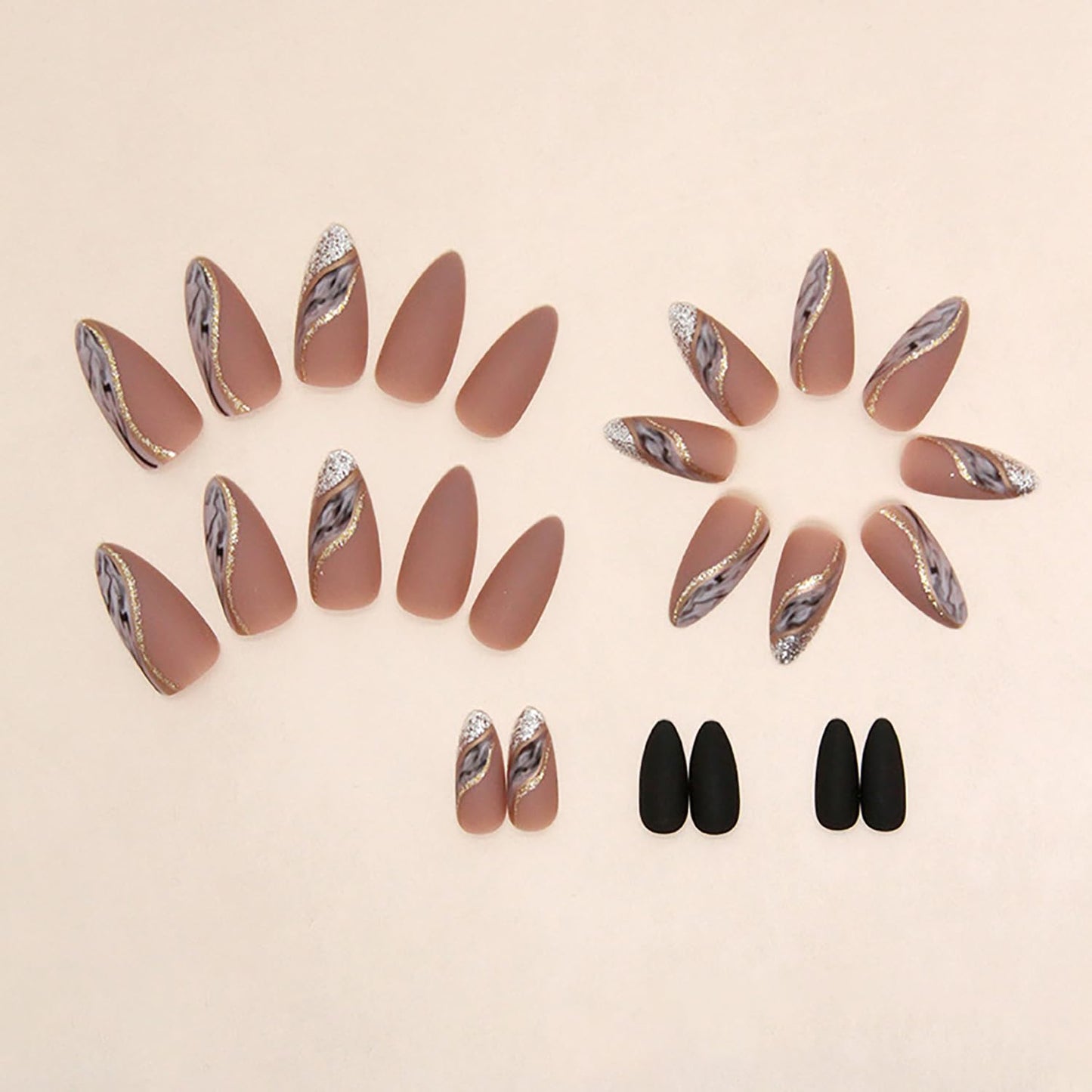 Press on Nails Medium Almond Artificial Acrylic Nails Brown French False Nails Gold Stripe Smudge Design Fall Winter Fake Nails Full Cover Glossy Reusable Coffin Nails Glue on Nails for Women 24Pcs