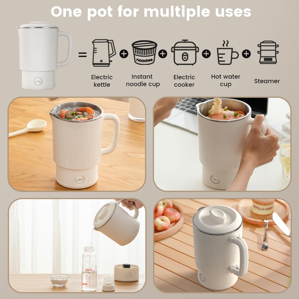 Portable Travel Kettle, 600ML Small Electric Kettle with Foldable Handle, Food Grade Stainless Steel Collapsible Water Boiler with Dual Modes, Compact Portable Kettle for RV, Camping, Beige