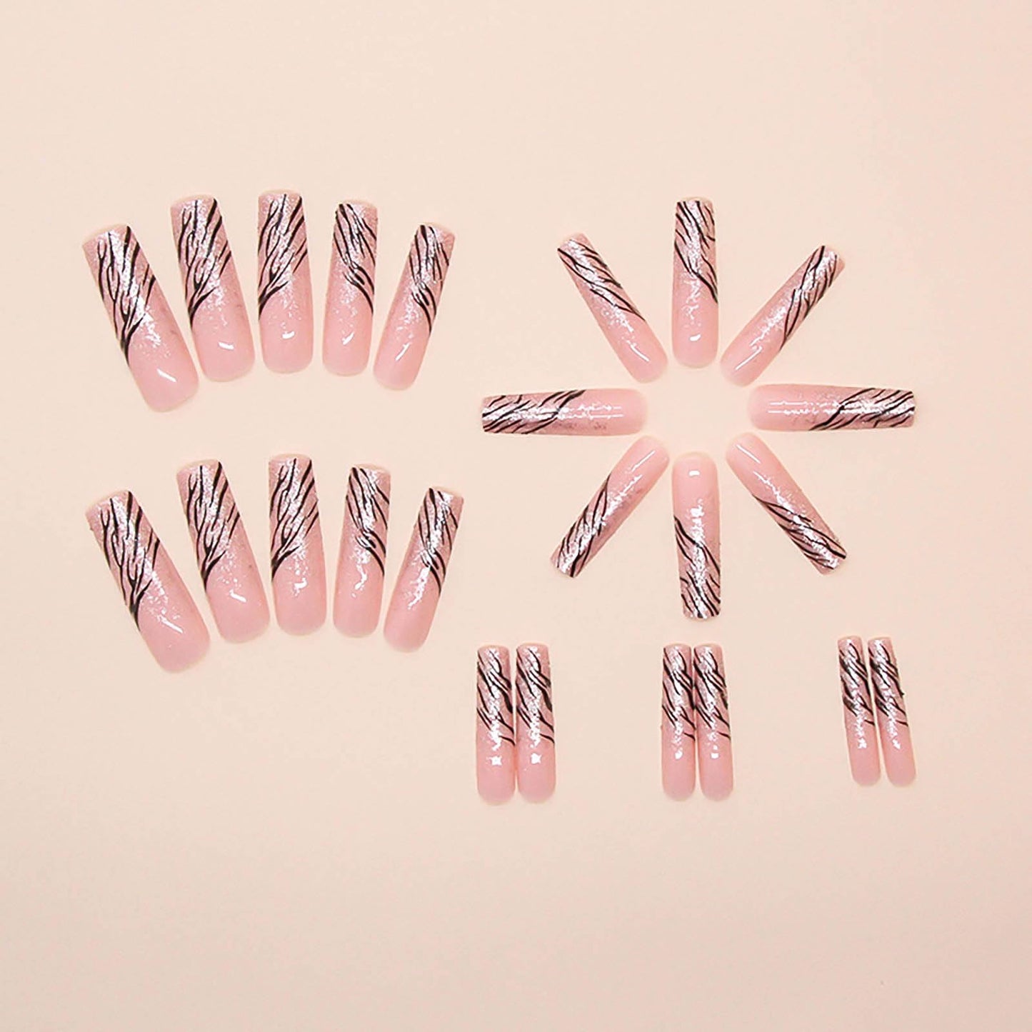 RUOKEXIN Long Square Press on Nails French Tip Fake Nails Silver Glitter False Nails with Silver Ripple Designs Long Square Glue on Nails Sparkly Artificial Nails Cute Stick on Nails for Women 24Pcs
