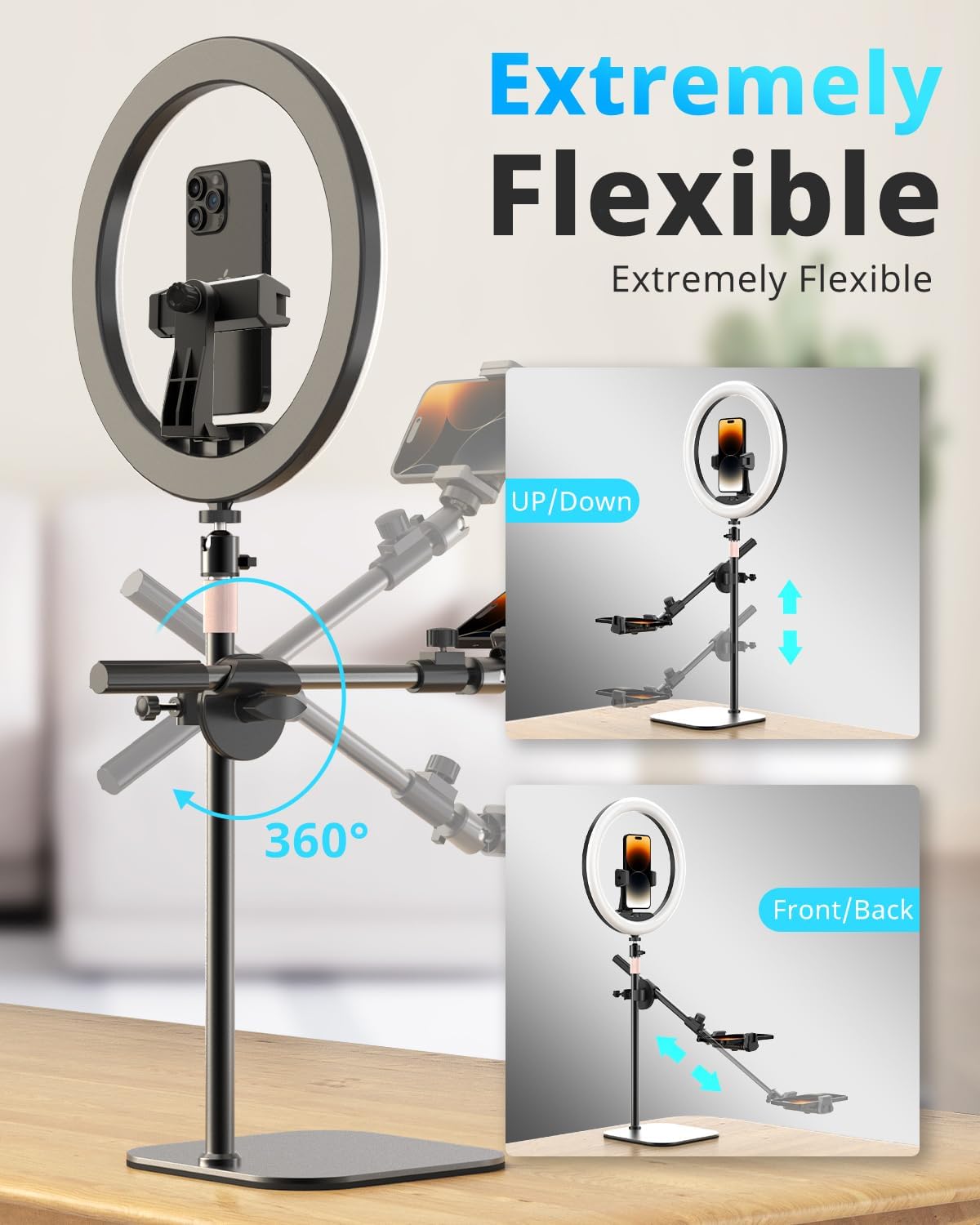UBeesize 12" Desk Ring Light with Stand and Phone Holder, Overhead Phone Mount for Video Recording, Zoom Meeting, Live Streaming, Tiktok, YouTube，Compatible with iPhone, Android, Cameras
