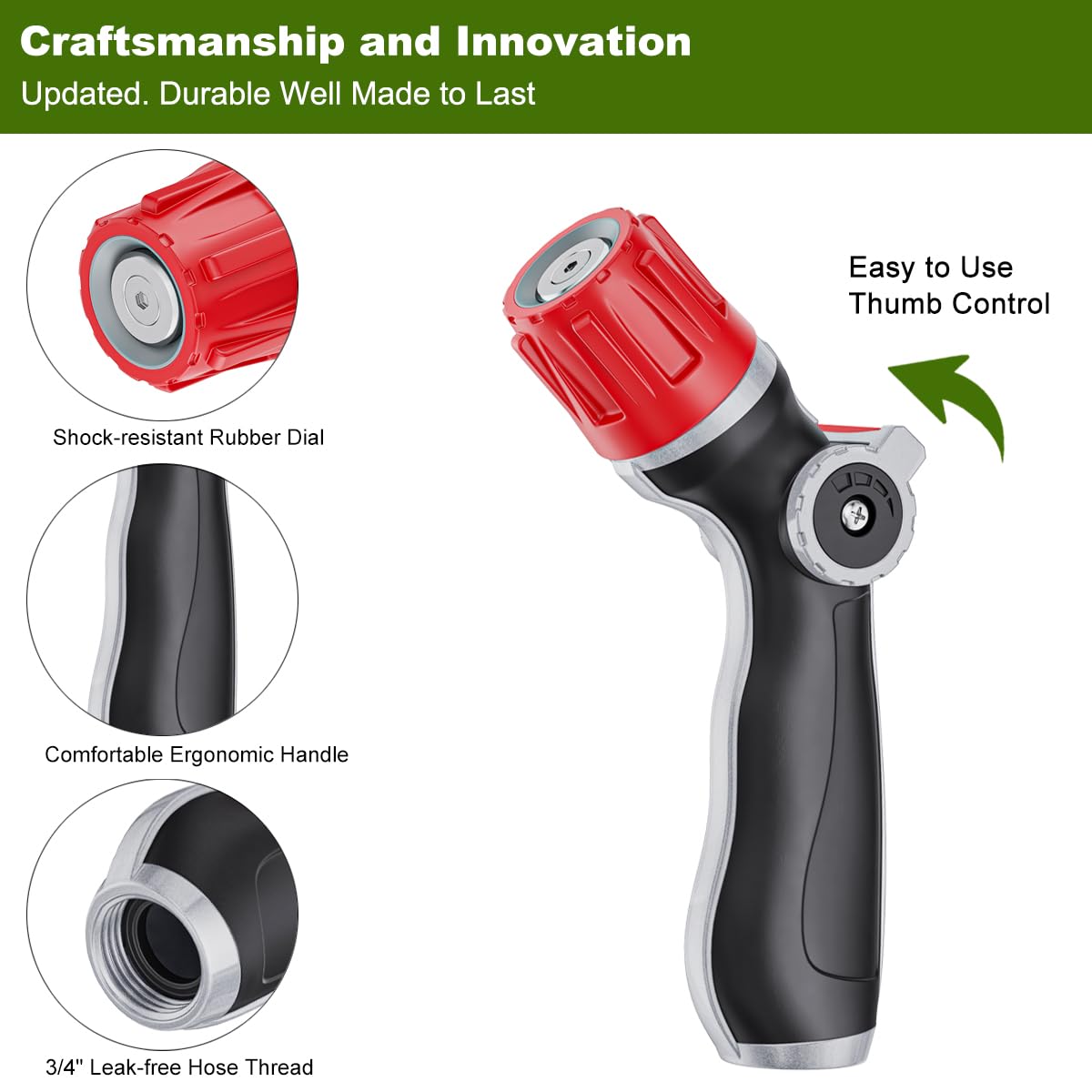 FANHAO Metal Thumb Control Adjustable Nozzle with 30% Higher Water Flow, Heavy Duty Garden Hose Nozzle High Pressure Water Nozzle, Adjustable Spray Patterns for Lawn Watering, Car Washing, Cleaning