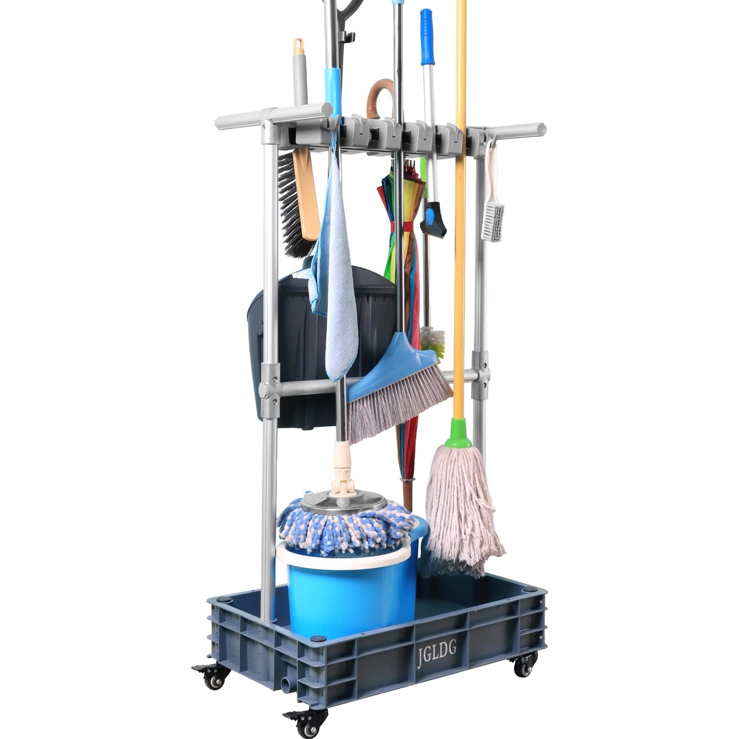 JGLDG Mobile Mop and Broom Holder，Efficient Storage Solution for Cleaning Tools Keep Your Tools Handy and Organized