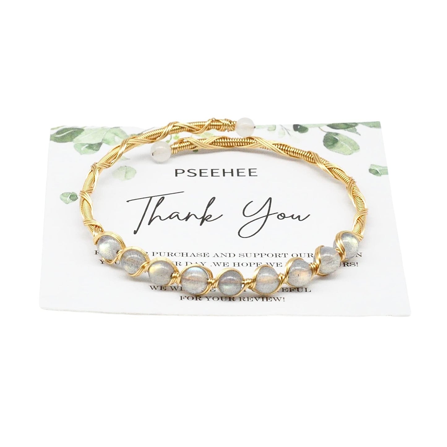 PSEEHEE Handmade Genuine White Labradorite Rainbow Moonstone 14k Gold Filled Wire Wrapped Bracelet, Adjustable Size Crystal Beads Birthstone Gemstone Bohemian Jewelry Women