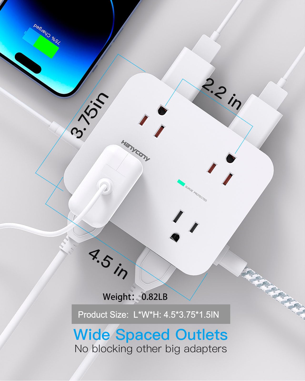 10 Ft Surge Protector Power Strip, HANYCONY Extension Cord with 8 AC Outlets 4 USB (2 USB C) Ports, Flat Plug, Wall Mount Desk USB Charging Station for Home