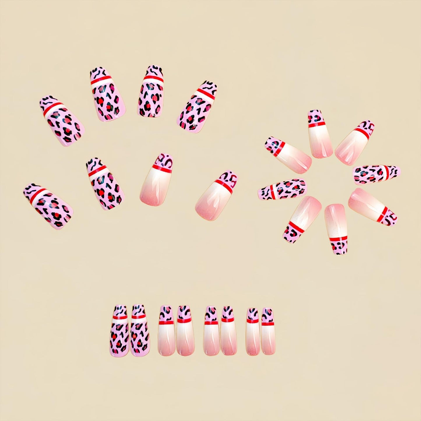 SINHOT Coffin Press on Nails - Long Fake Nails, Glossy Finish, Pink Leopard Print & French Tip, DIY Artificial False Nail Art - 24 Pcs Nail Kit with Glue