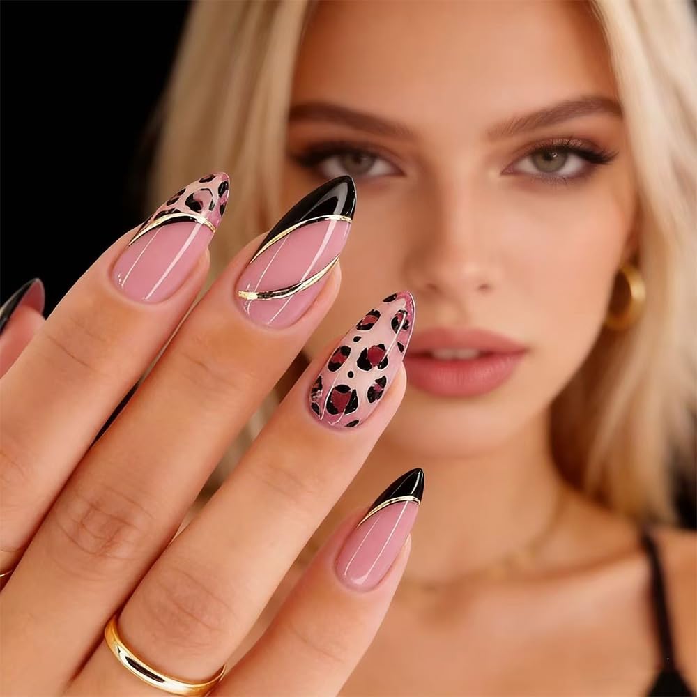 FJSMTOPl Alomnd Press on Nails - Leopard Print Fake Nails - Medium False Nail Press ons - French Tip Acrylic Glue on Nail - Artificial Nail Stick on Nails for Women Manicure 24Pcs