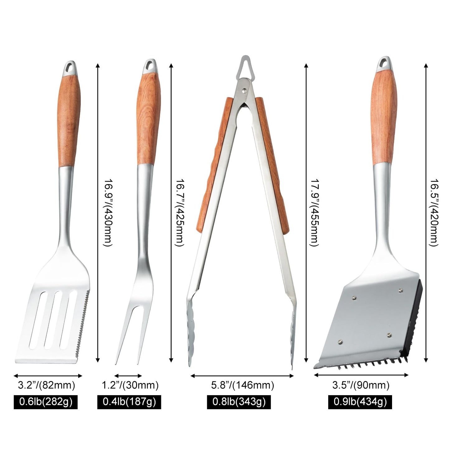 Heavy-Duty Wood BBQ Grilling Accessories Tools Set, Premium Thickened Stainless Steel Barbecue Utensils for Outdoor Grilling