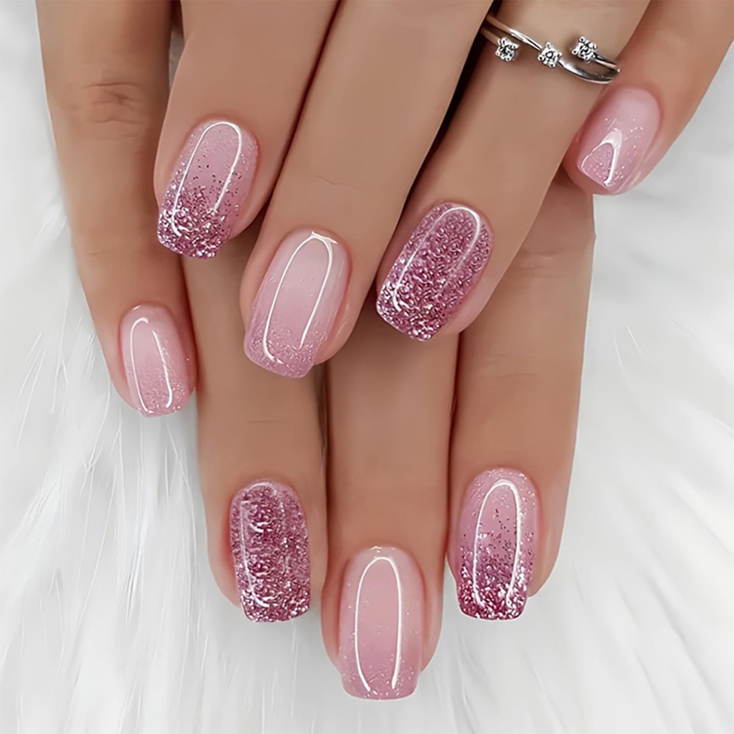 24Pcs Medium Square Press On Nails Gradient Pink Sparkle Fake Nails Acrylic Artificial False Nails Manicure Nail Art Supplies for Women Decoration