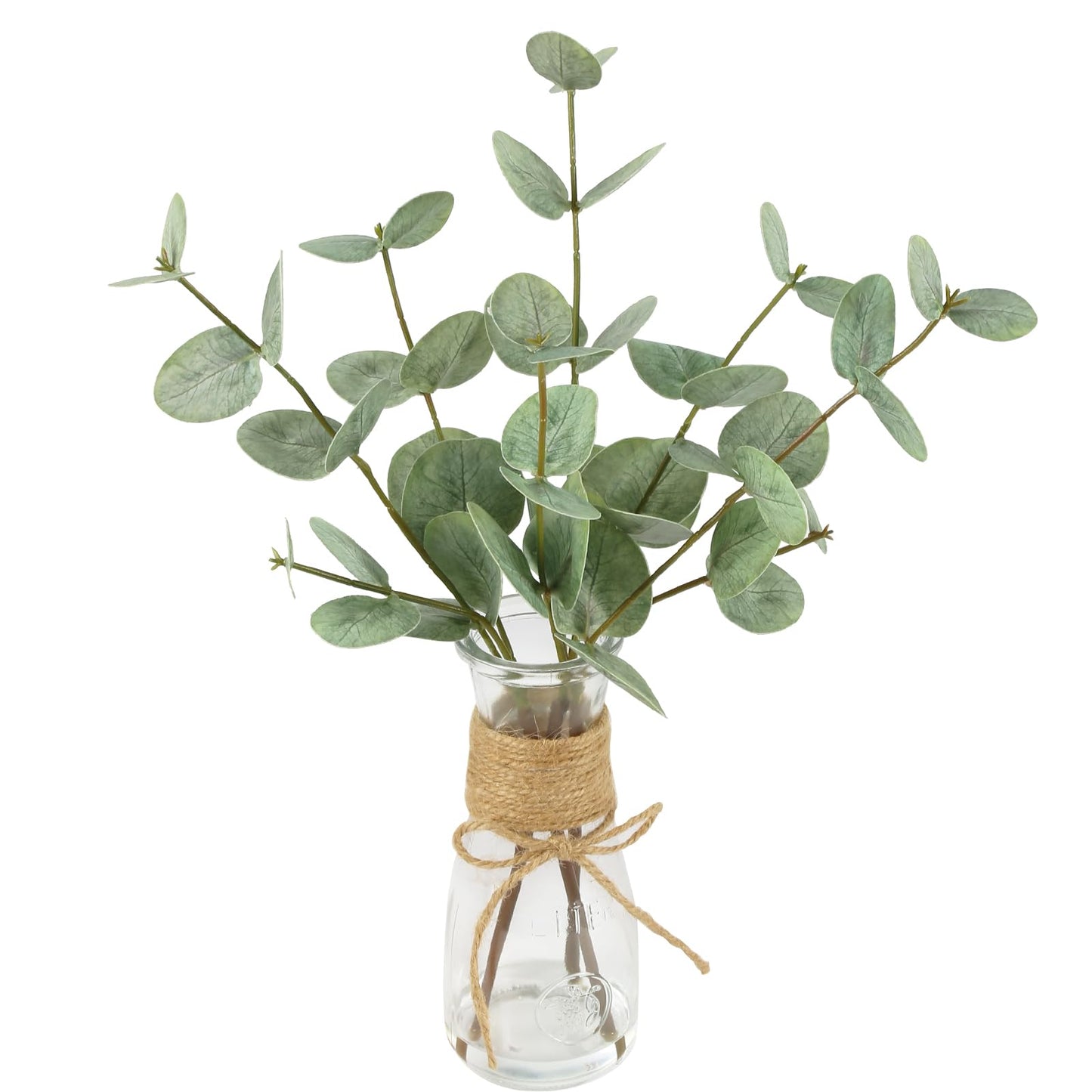 YIFYBY Artificial Eucalyptus Stems in Glass Vase with Faux Water, 15’’ Fake Plant Double-Sided Green Eucalyptus Leaves for Home Table Centerpiece Bathroom Farmhouse Decor(Green)