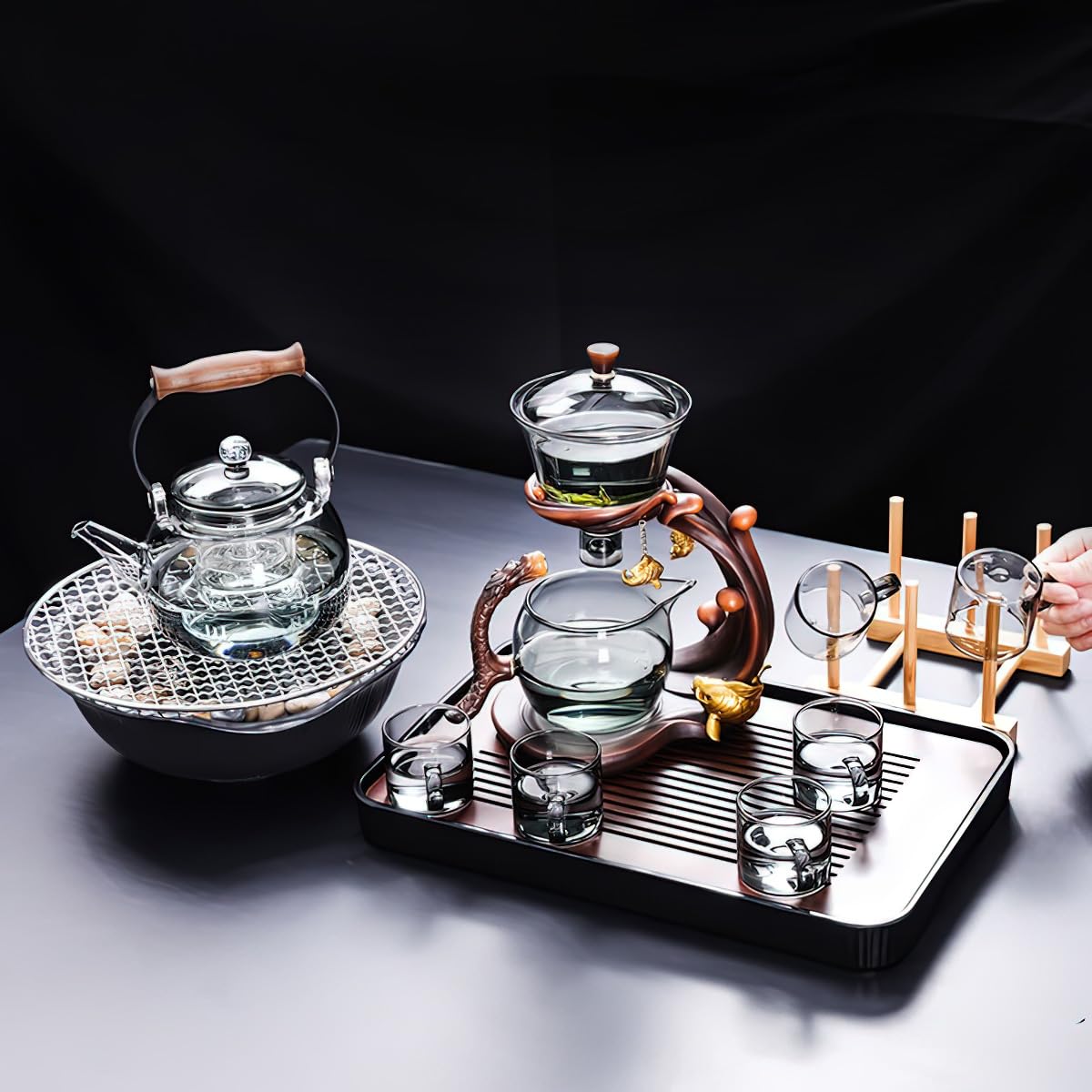 Heat Resistant Magic Teapot Set, Semi Automatic Drip TeaPot, Home Lazy Kung Fu Tea Maker Set, Magnetic Glass Tea Pot, High Borosilicate Glass TeaPot, Suitable for home/office Reception