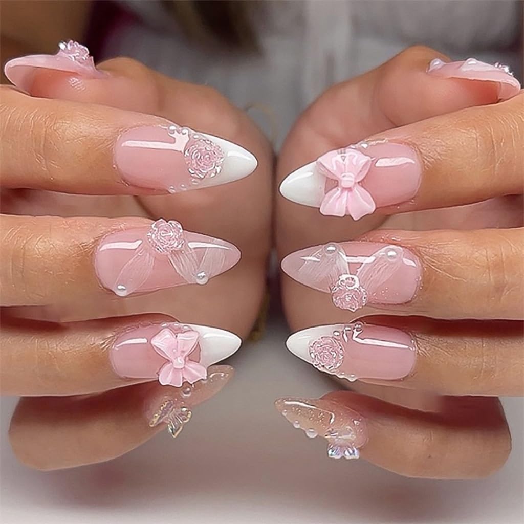 CTTHNBD Press on Almond Nails - Medium Fake Nails with Bow Flower Charms Design - White French Tip False Nails for Women 24 Pcs