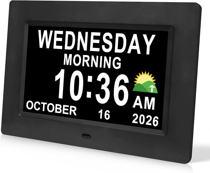 SSINI Digital Calendar Dementia Alarm Clock with Day and Date for Elderly - 15 Alarms 5 Colors Display Large Display Alzheimers Clock Large Digital Clock for Seniors (7in Black)