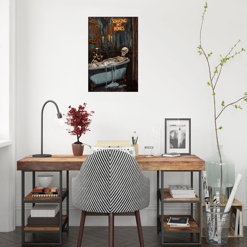 Soaking My Bones Wall Art Horror Halloween Decor Skeleton Bathtub Poster Moody Print Dark Academia Canvas Spooky Gothic Artwork Victorian Painting Bathroom Living 16x24inch Unframed