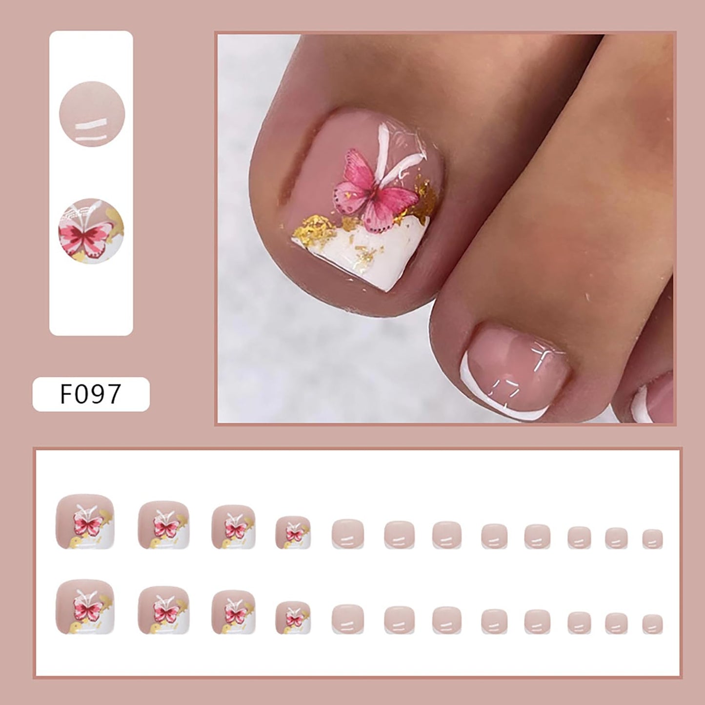 Press On Coffin Toenails with Butterfly Designs, Full Cover Reusable False Nails with Glue, Artificial Acrylic Fake Nails for Toe, Glue on Toenails with Charm, Stick on Toe Nails for Women (F097)