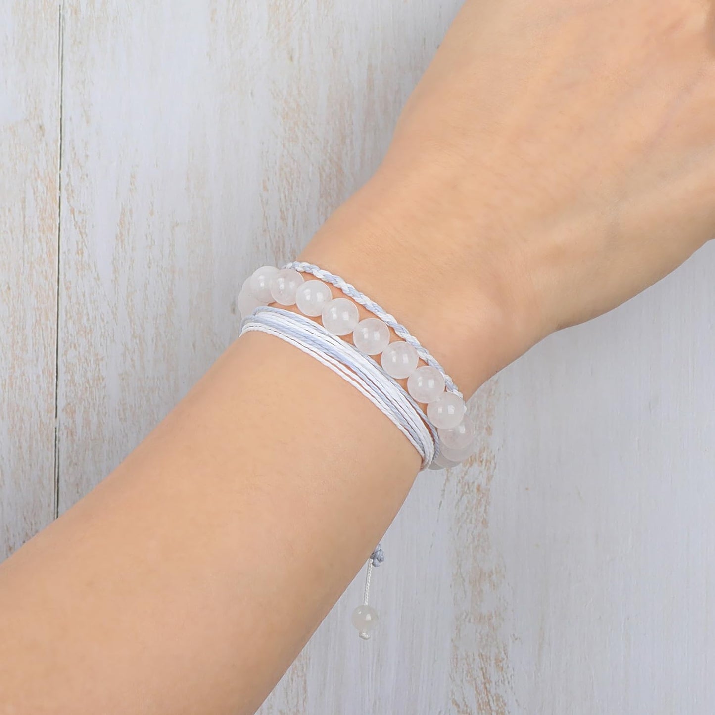 QOGIR Handmade Healing Bracelets,8mm Natural White Jade Gem Stone Beads Bracelet for Men Women Gifts with 2PCS Size Adjustable Rope Bracelets