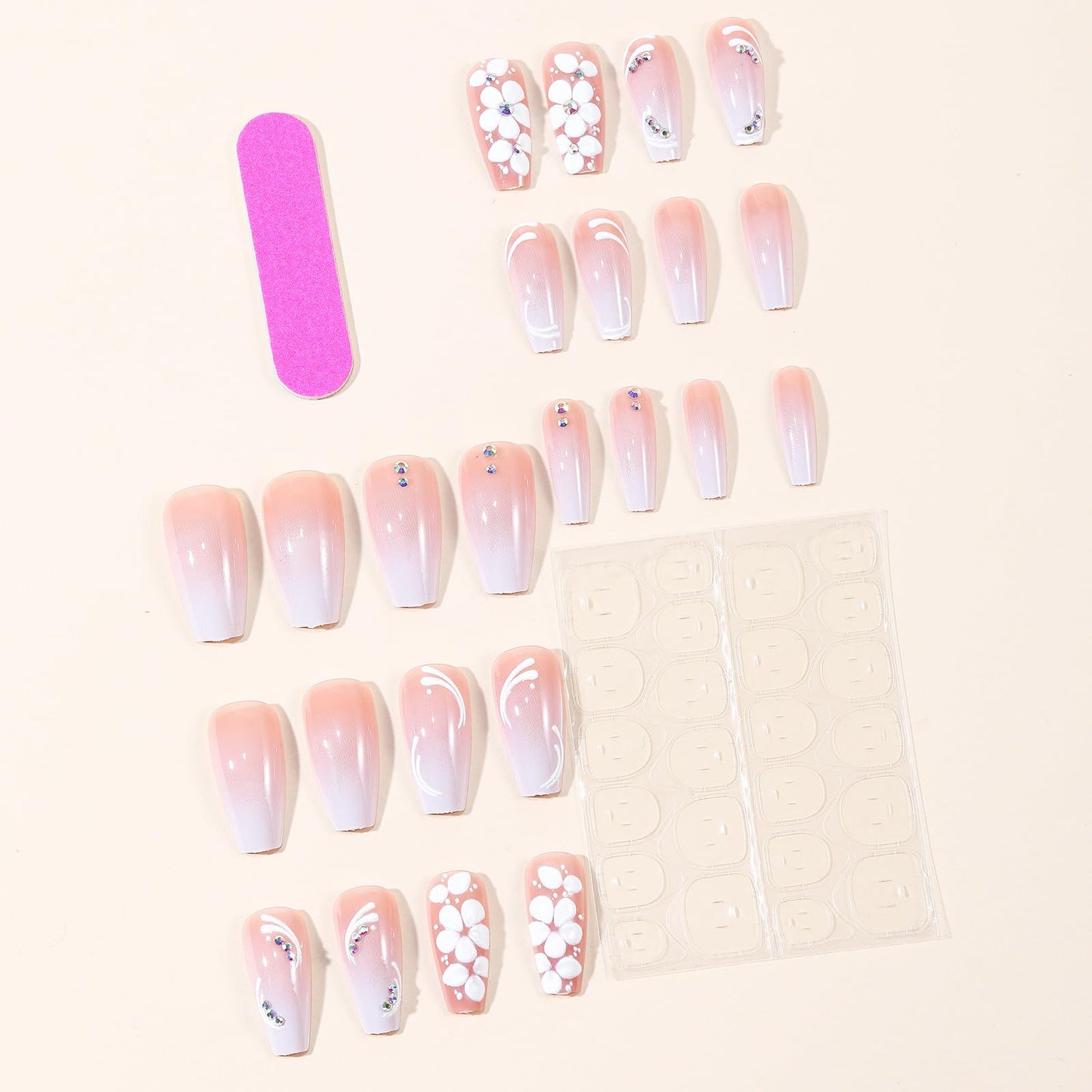 Coffin Press on Nails White Gradient Tip Fake Nails with Rhinestone Designs 3D Flower Medium Length Nails Press ons Spring Glue on Nails French Tip Full Cover Stick on Nails for Women 24Pcs