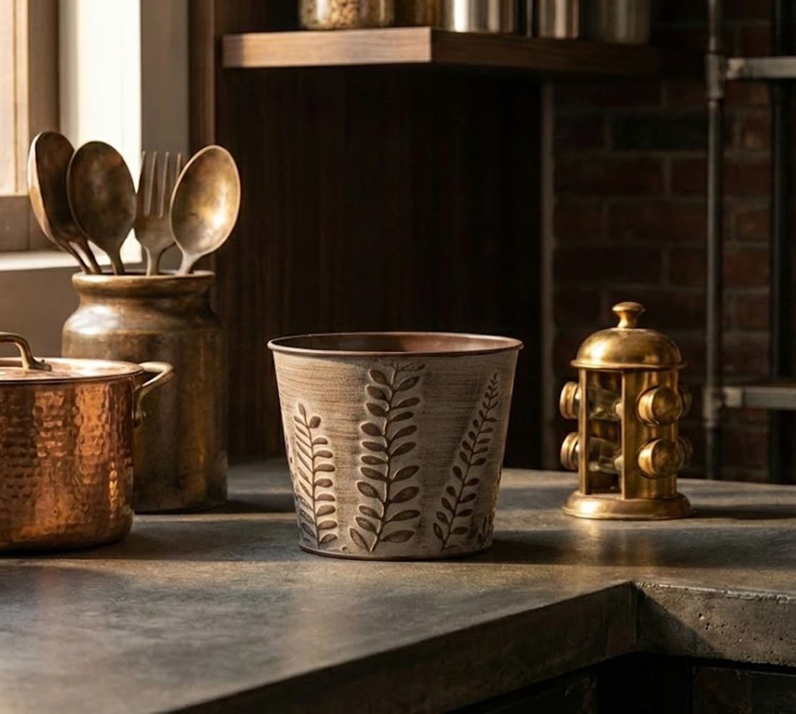 Napco Imports Fern Leaf Embossed 6 x 7 Inch Distressed Brown Metal Cache Plant Pot Cover with Removable Hard Plastic Liner