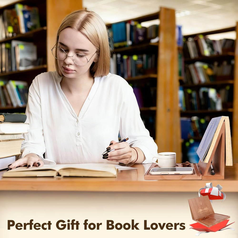 Triangle Book Holder Stand & Reading Valet, Foldable Wooden Book Rest with Cup, Phone, Glasses & Pen Holder, Includes Thumb Page Holder, Ideal Reading Accessory Gift for Book Lovers, Readers