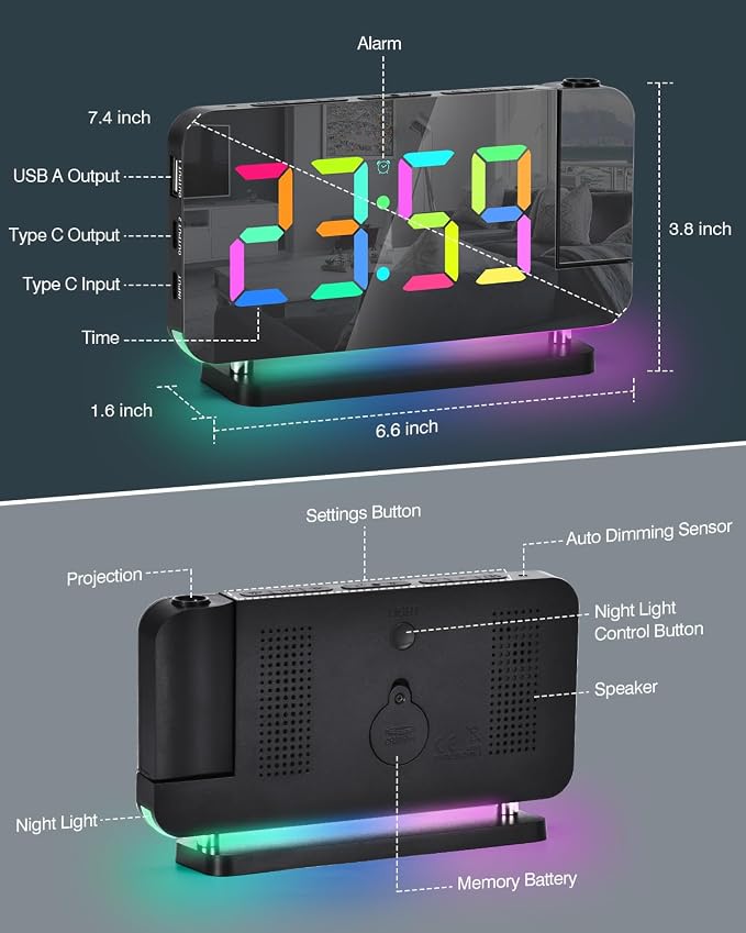 SZELAM Projection Alarm Clock, 7.4 in Digital Mirror Clocks,with 180° Rotatable Projector, RGB Night Light,USB C Charger Port, Auto Dimmer, LED Desk Clock for Bedroom - Black