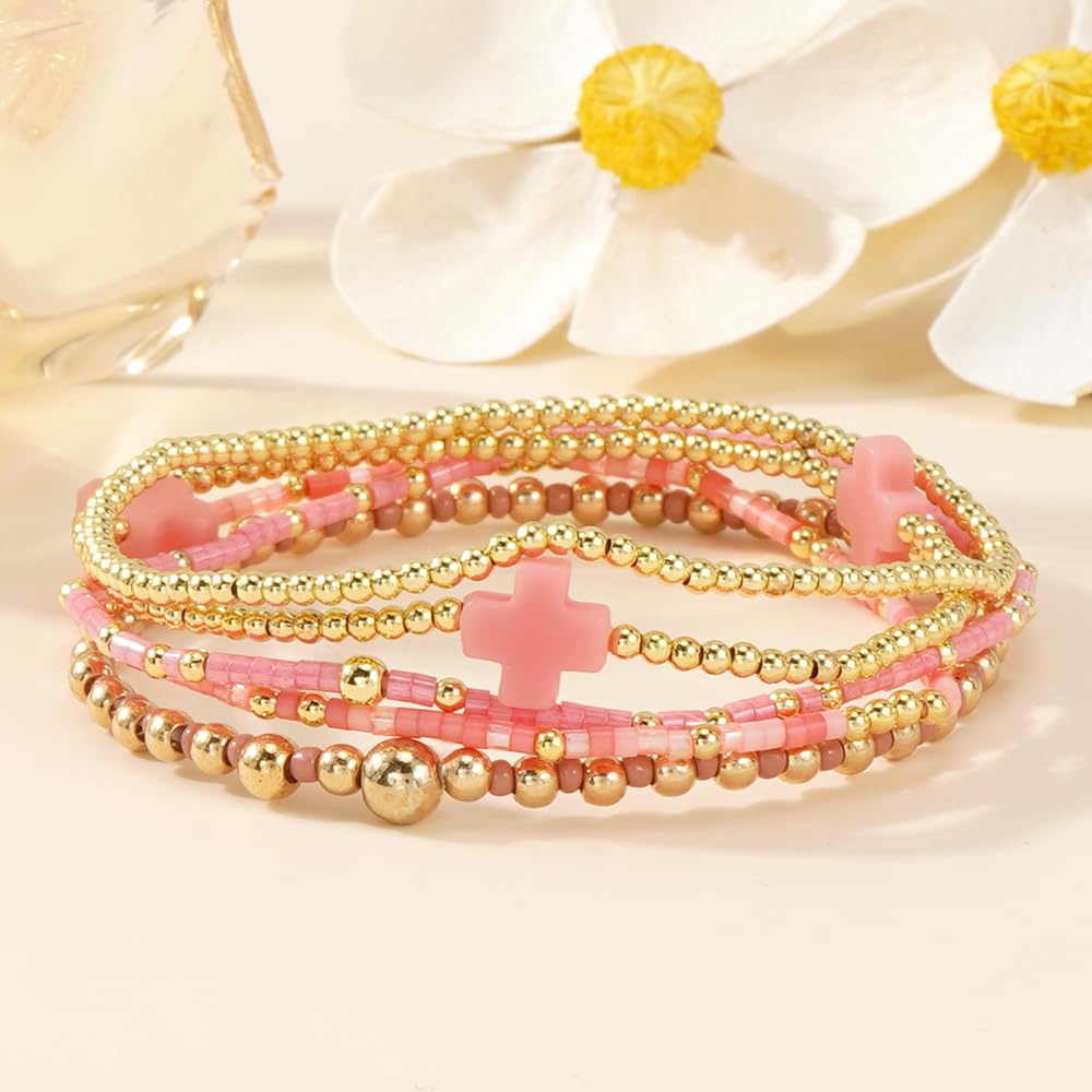 Bohxantium 14K Gold Plated Beaded Stretch Bracelets Stack Set for Women- Pink Stackable Elastic Waterproof Boho Style with Cross Bracelet - Colorful Seed Beads Jewelry Christian Faith Summer Gift
