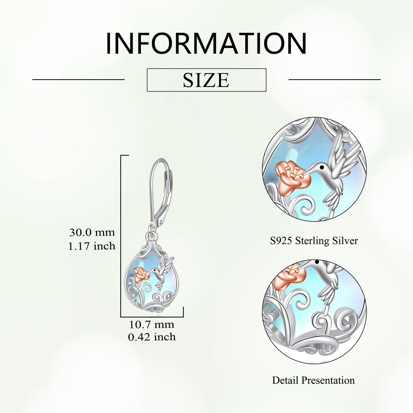 POPLYKE Moonstone Hummingbird Teardrop Drop Dangle Earrings Sterling Silver Leverback Earrings Moonstone Jewelry Gifts for Women