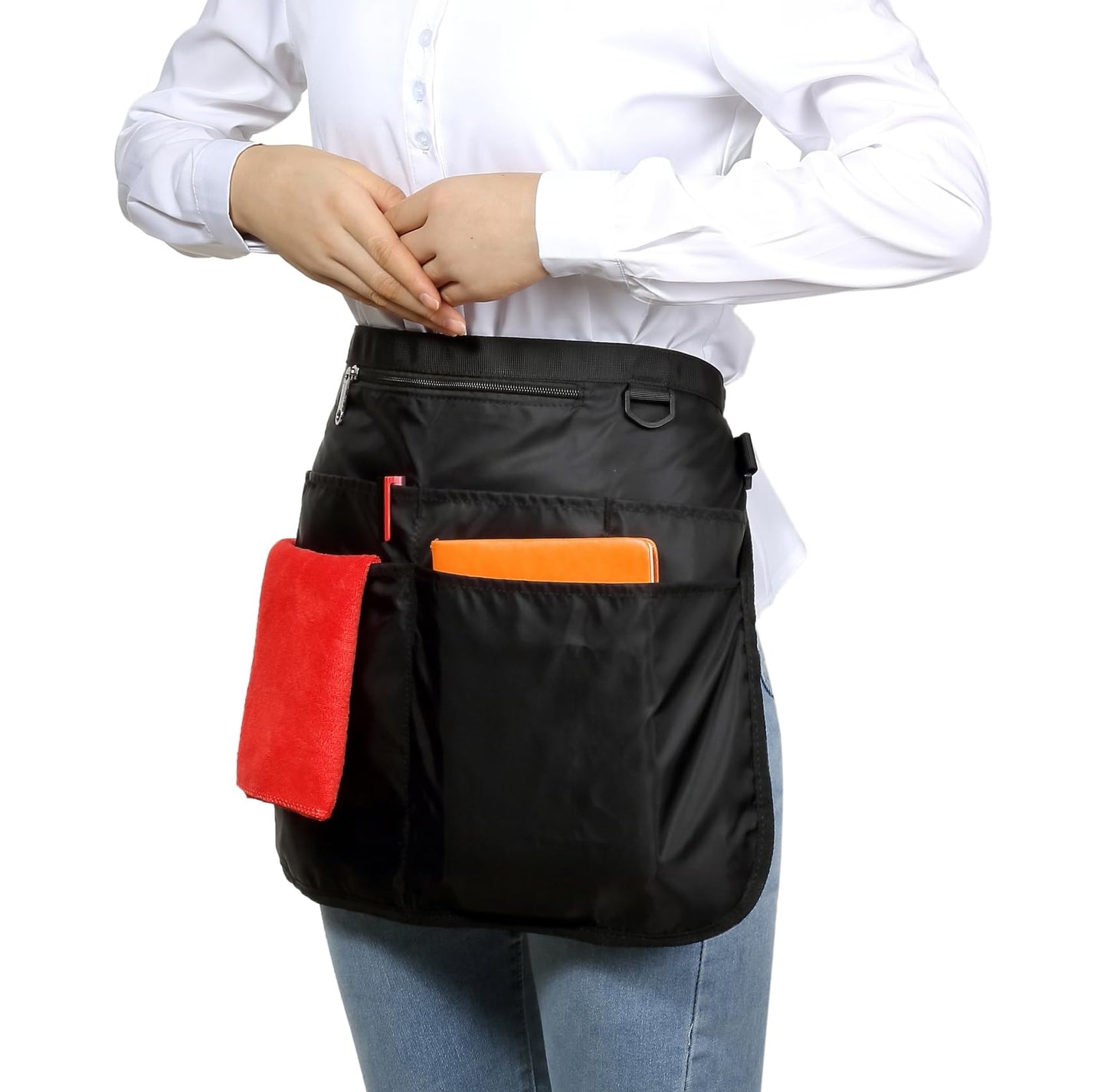 Bafelia Waterproof Server Apron for Women with 7 Pockets,Quickly Put on and Take off Waitress Aprons,Peony Work Apron for Bartender Barista