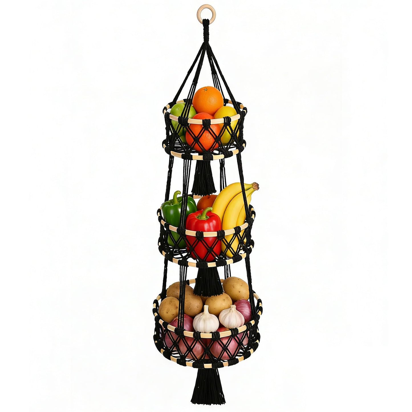Halidali 3 Tier Hanging Fruit Baskets for Kitchen, Macrame Plant Hanger Cotton Rope Handwoven Hammock Produce Storage Organizer Basket for Plants Holder, Vegetable, Onion, Potato (Black)