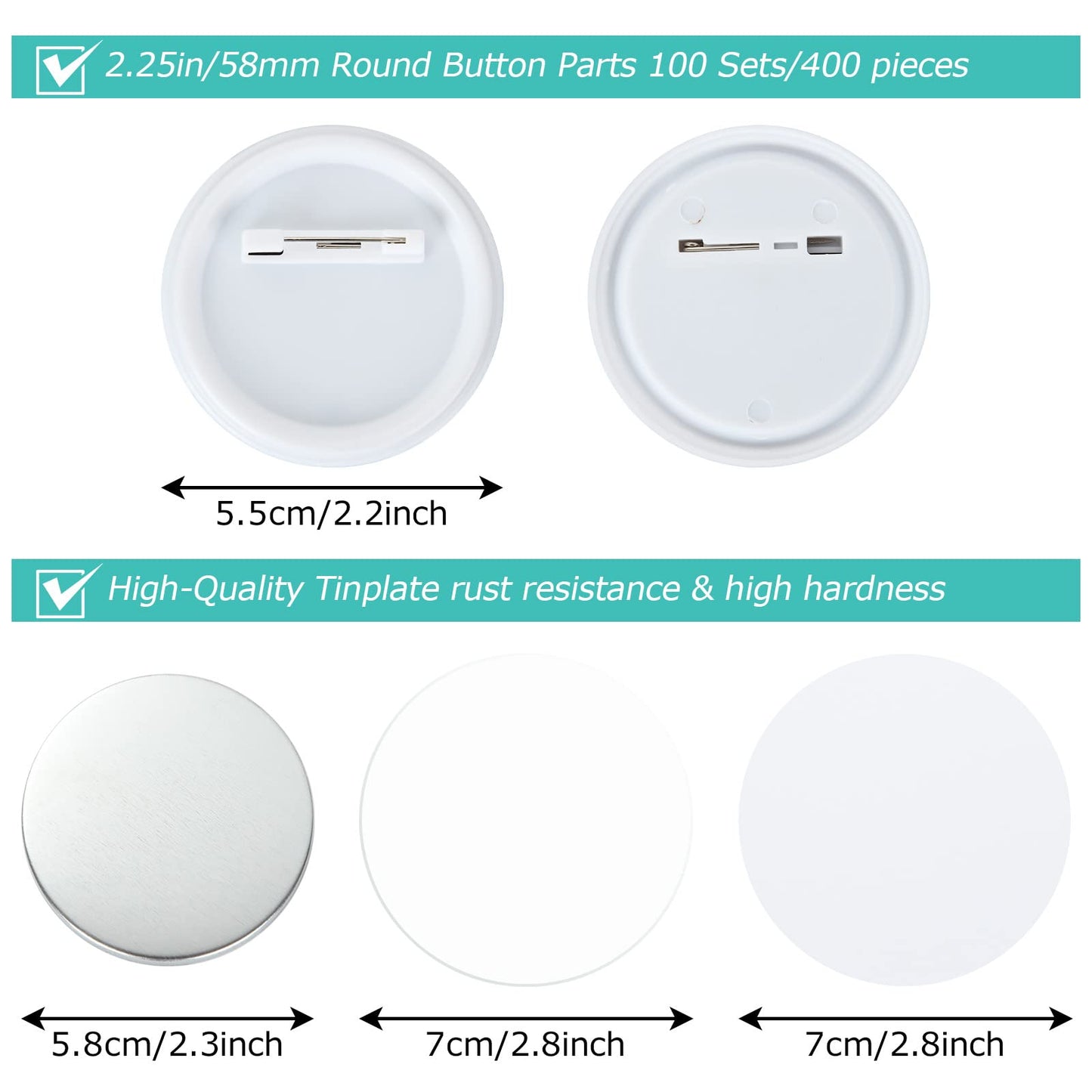 LISHINE 400 Pcs 58mm/2.25in Button Maker Supplies - Round Badge Button Parts, Includes Plastic & Metal Covers, Clear Film, Blank Paper