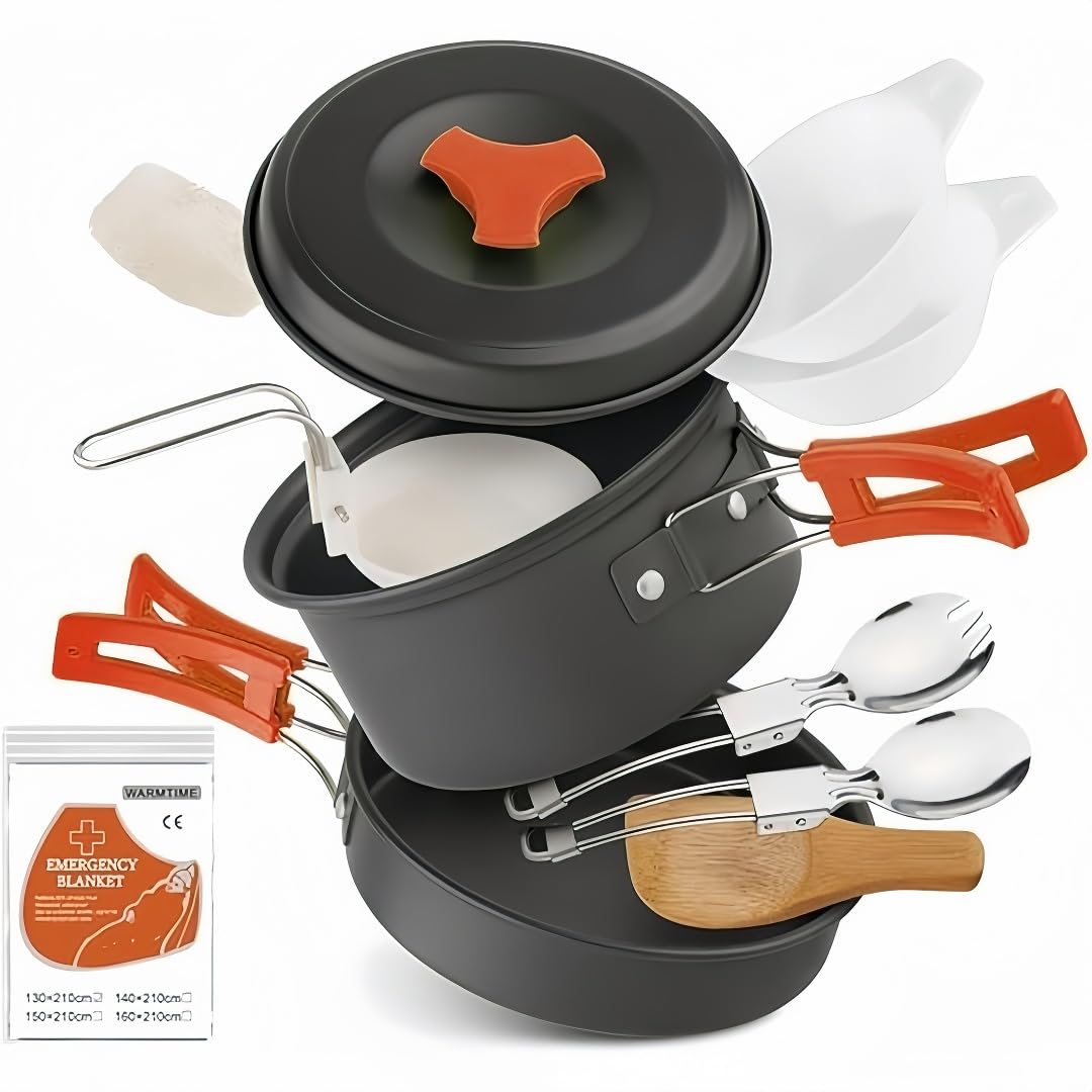 12 PCS Lightweight Camping Cookware Set – Non-Stick Pots, Pans & Utensils for Backpacking, Hiking & Outdoor Cooking – Compact Mess Kit for 1-2 People Give Away an Emergency Blanket as a Gift