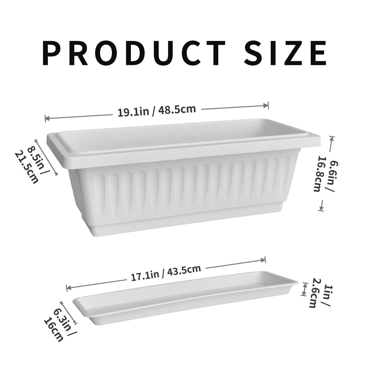 OUMUHE 19 Inch Rectangular Plastic Planters with Drainage and Matching Trays, Set of 2, Window Box Flower Pots for Indoor Outdoor Use (White)