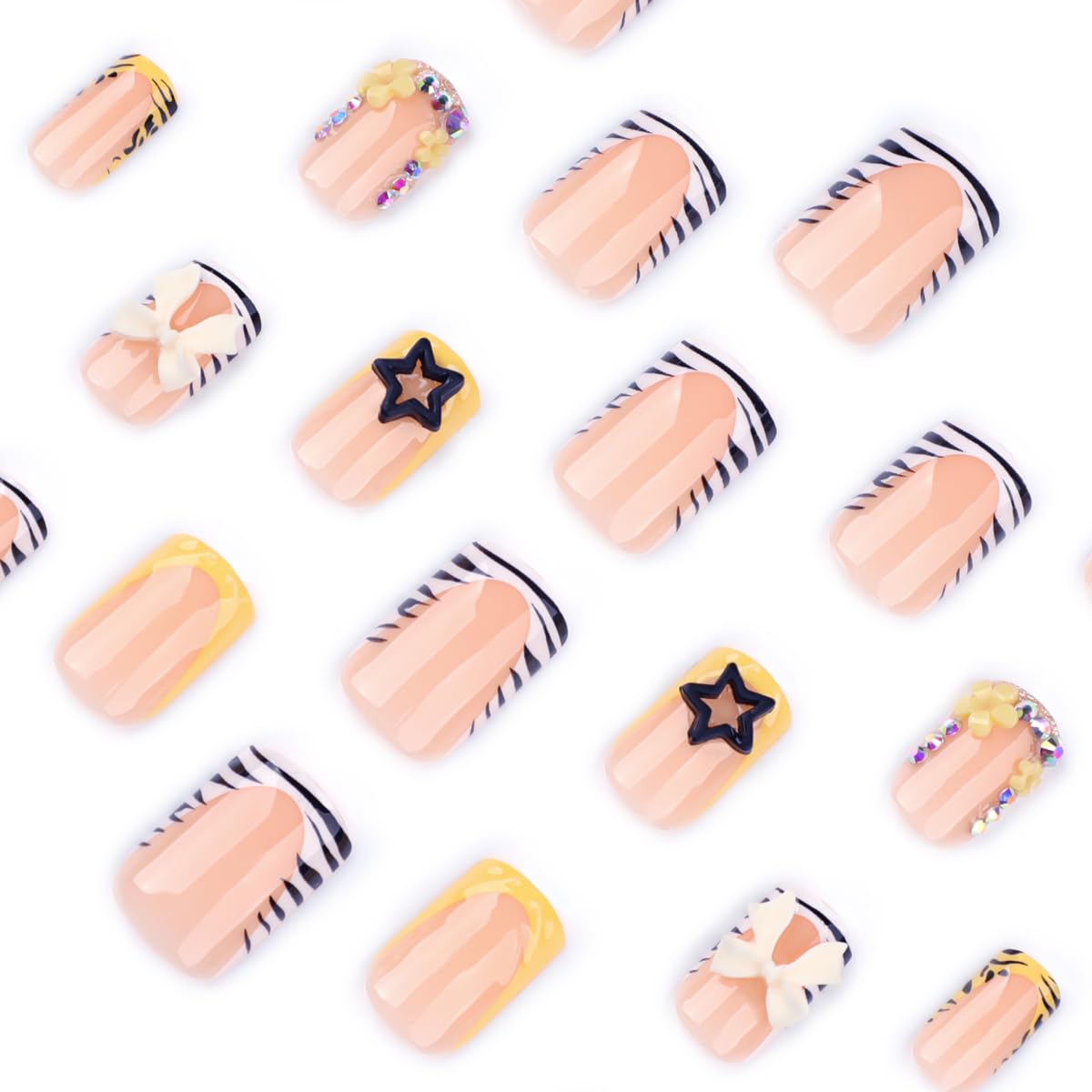 Medium Square Press on Nails, French Tip Fake Nails with Zebra Print & 3D Bow Star Rhinestone Designs Acrylic Nails Press ons Glossy Full Cover Glue on Nail for Women, Summer Manicure, 24Pcs