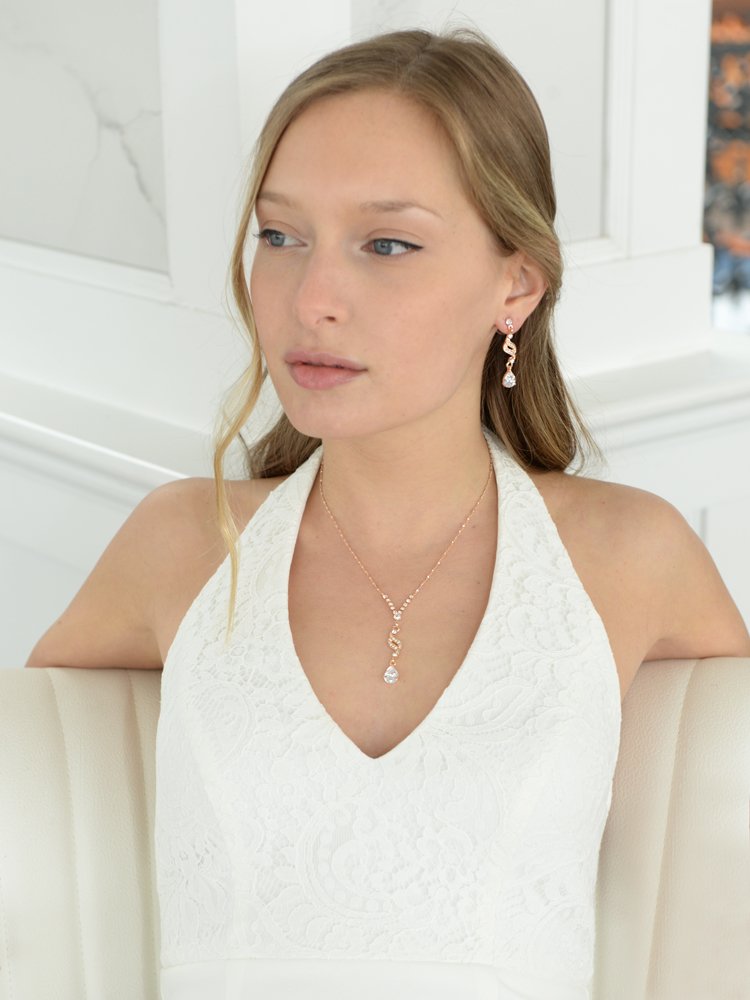 Mariell Rose Gold Cubic Zirconia Prom Jewelry Set, Necklace & Earrings Set for Wedding, Bride, Bridesmaid