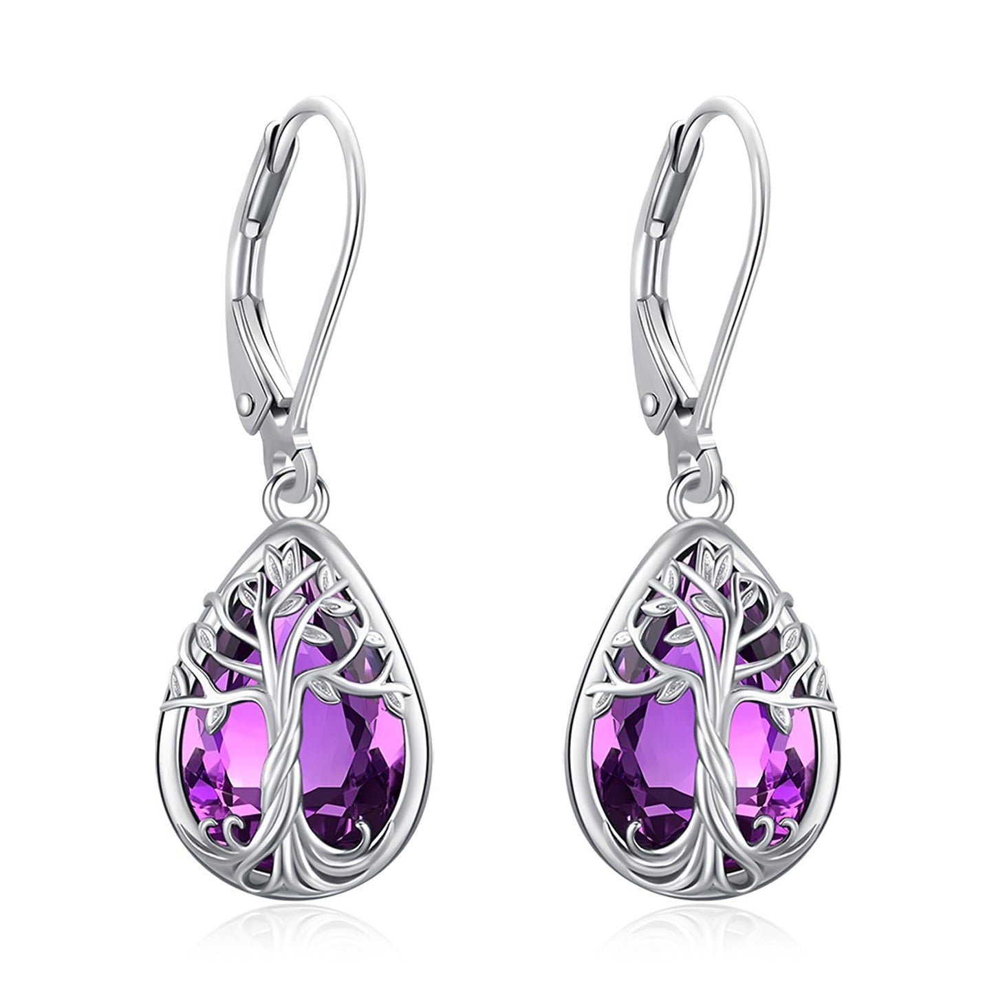 Eusense Tree of Life Earrings Sterling Silver Birthstone Teardrop Dangle Amethyst Earrings for Women Leverback Tree of Life Jewelry