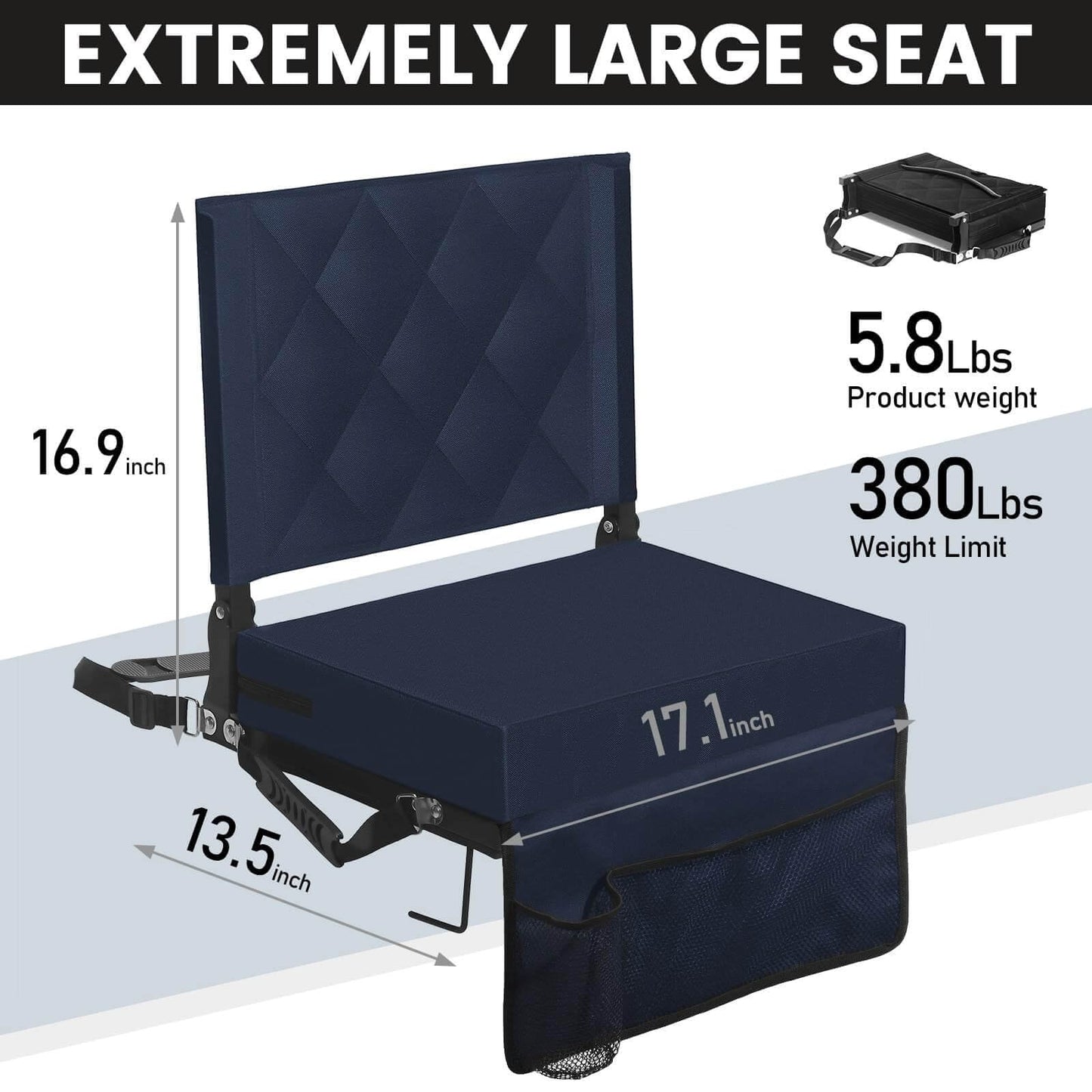 Sheenive Stadium Seats for Bleachers with Back Support, Bleacher Seats with Backs and Cushion Wide, Padded Portable Folding Comfort Stadium Chair with Shoulder Strap,Perfect for Sport Events Navy Blue