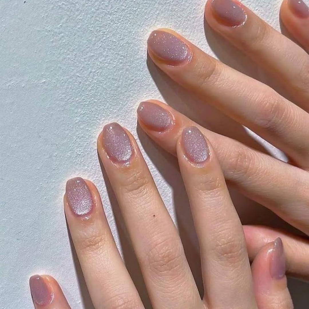 KQueenest Cat Eye Press on Nails Short, 30 Pcs Acrylic Press on Nails Square, Sparkly Glitter Light Pink Fake Nails Press on Short, Reusable Chrome Soft Gel Glue on Nails for Women Gift