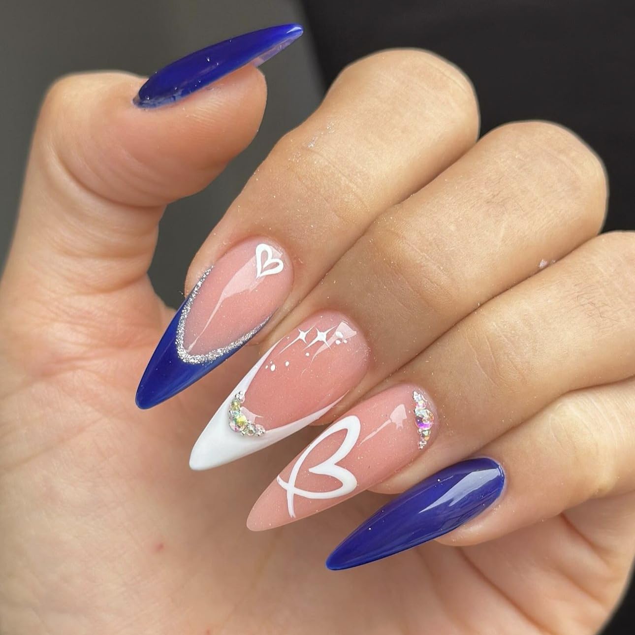 LPOODDNU Press on Nails Almond Medium - Blue French Tip Fake Nails with Heart&Diamond Designs, Glossy Finished Reusable False Nails with Double Adhesive Glue Tabs - 24Pcs Nail Kit for Women Manicure