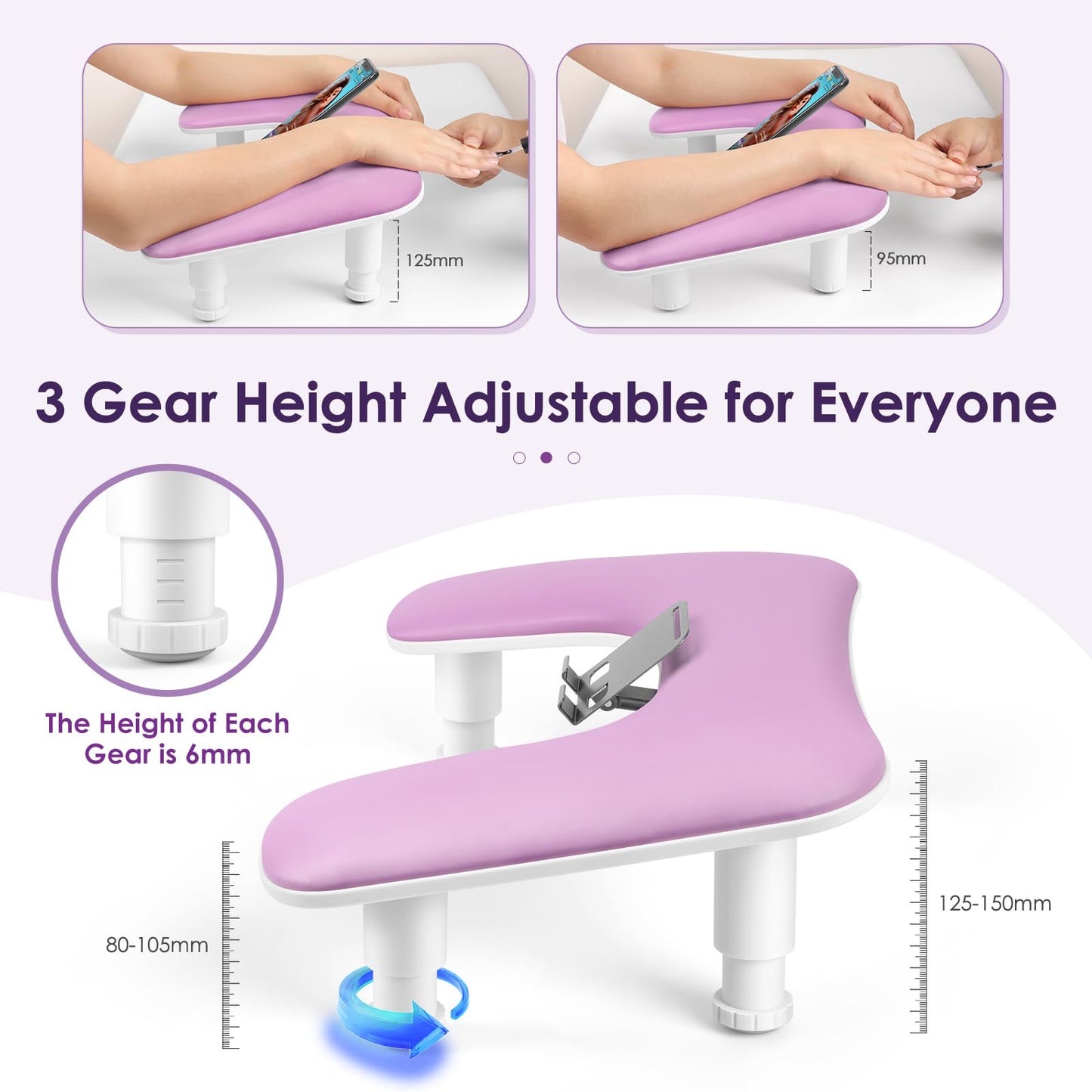 LIONVISON Arm Rest for Nails Tech: U Shaped Adjustable Height Ergonomic Nail Hand Rest Stand PU Leather with Rotating Phone Holder for Nail Salon Manicurist (Puprle)