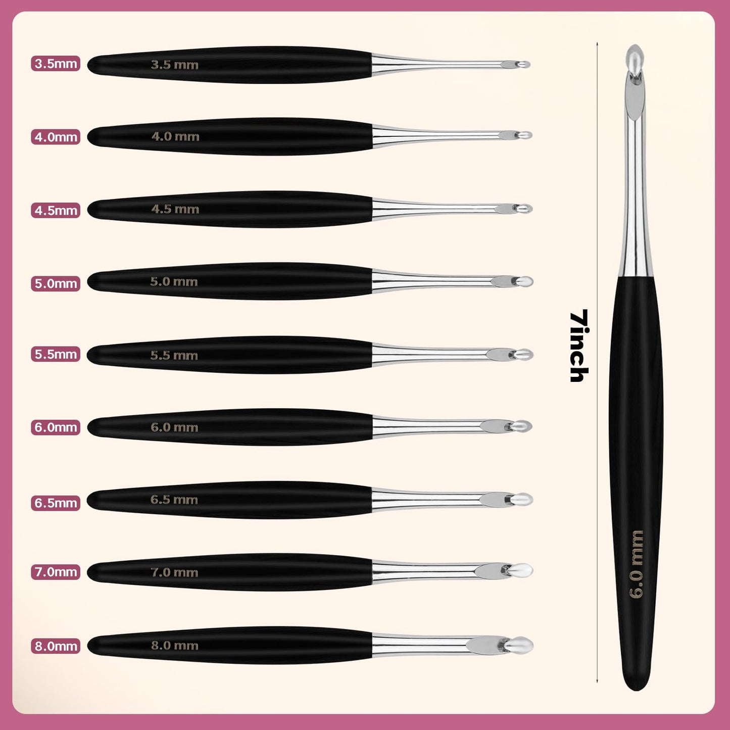 WAZAIGUR Wooden Handle Inline Ergonomic Crochet Hooks Set, 9 Sizes 3.5mm-8mm, Black Crochet Hooks for Arthritic Hands