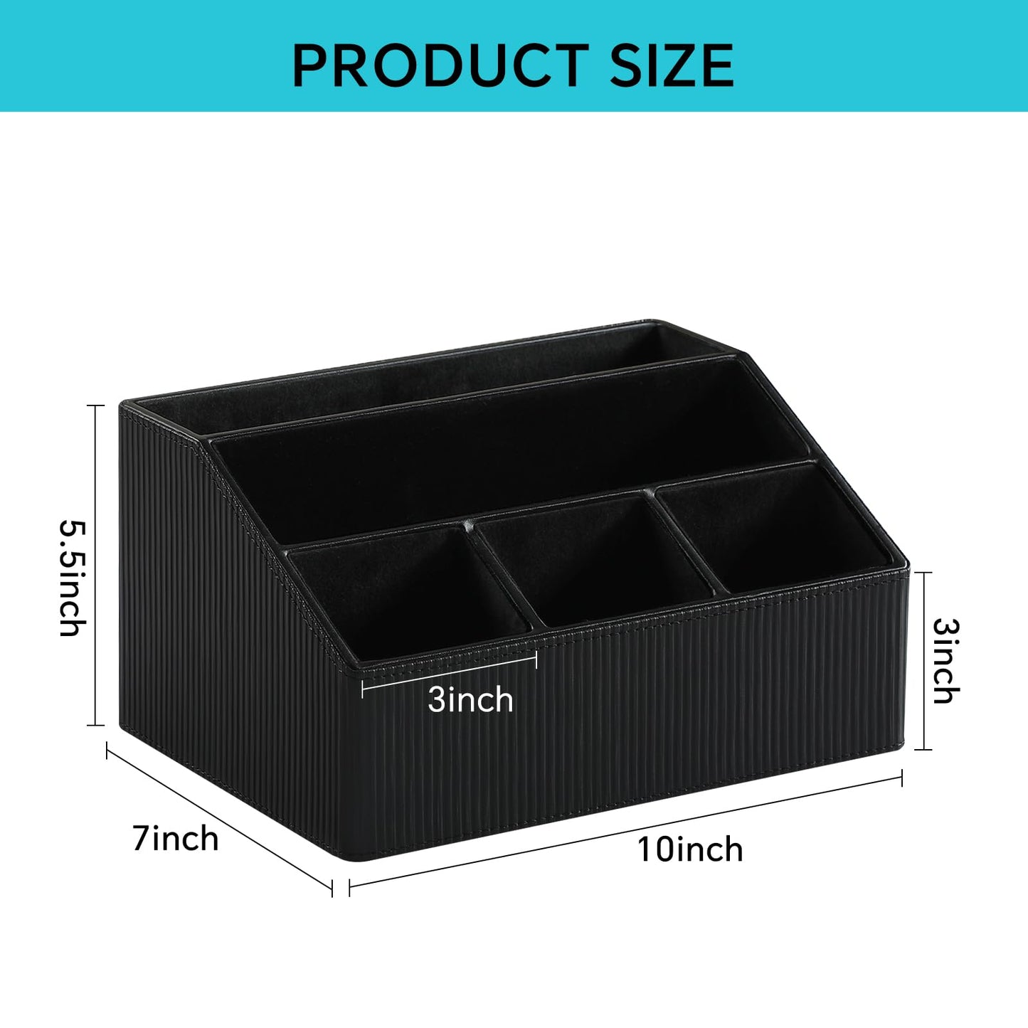 Cretkhp Remote Control Holder with 5 Compartments for Office Art Supplies, PU Leather Nightstand Organizer Pencil Pen Desk Caddy for Home, Desktop TV Remote Control Organizer Storage (Striped Black)