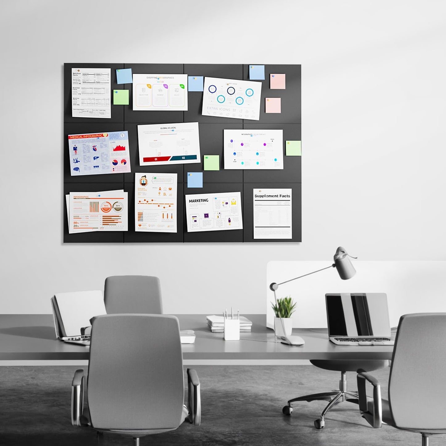 MaxGear Large Felt Bulletin Board 36" x 24", Cork Board Alternative, 6 Pack Black Felt Wall Tiles with Push Pins, Cork Boards for Walls Pin Board for Office & HomePanels