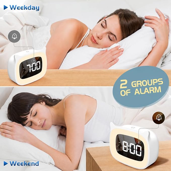 Cute Cat Ear Alarm Clock with Night Light for Bedroom,White